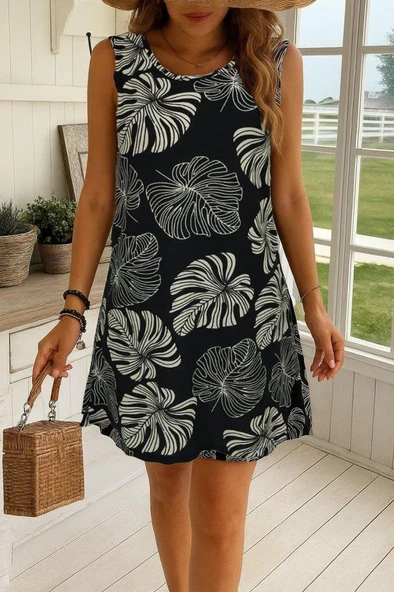 Kadın Sıfır Kollu Yuvarlak Yaka Desenli Süprem Elbise ürün görseli