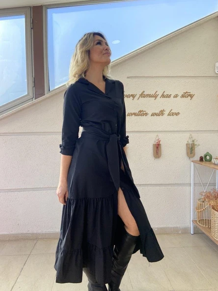 Kadın Uzun Kollu Eteği Fırfırlı Beli Kuşaklı Trikoton Tam Boy Gömlek Elbise - Resim 10