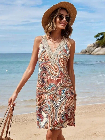 Kadın Kısa Kollu Dantel V Yakalı Desenli Süprem Elbise ürün görseli