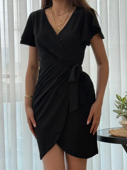 Kadın Kısa Kollu Kruvaze Yakalı Belden Bağlamalı Ithal Krep Elbise - Resim 2