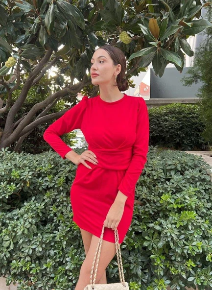 Kadın Uzun Kollu Bisiklet Yaka Bel Kemer Detay Ithal Krep Elbise - Resim 2