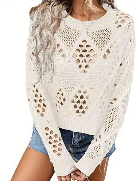 Kadın Uzun Kollu Yuvarlak Yaka Delik Desenli Triko Bluz - Resim 4