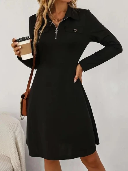 Kadın Uzun Kollu Yakalı Fermuarlı Ve Cepli Kısa Ithal Krep Kısa Elbise - Resim 3