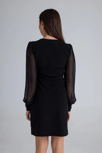 Kadın Kare Yaka Kolları Tül Sandy Kumaş Fırsat ürün Mini Siyah Elbise - Resim 8