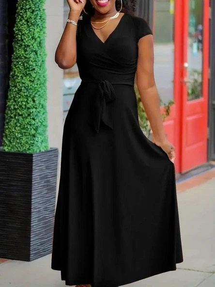 Kadın Kısa Kollu V Yakalı Belden Kuşaklı Maksi Boy Viskon Elbise - Resim 2