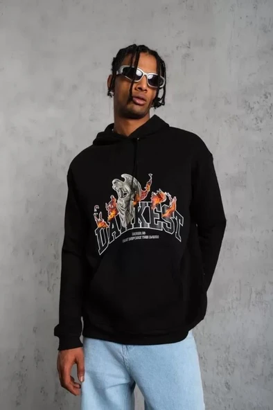 Erkek DANKES Baskılı Kapüşonlu Sweat - Siyah - Resim 4