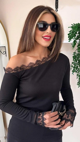 Kadın Uzun Kollu Tek Omuzu Açık Dantelli Burgu Bluz - Resim 2
