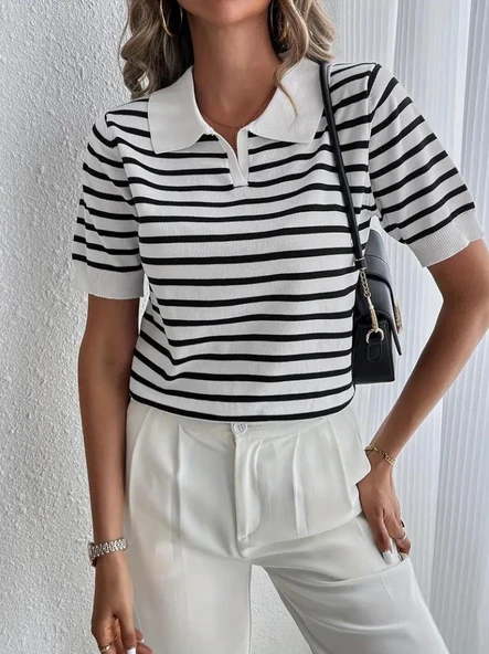 Kadın Kısa Kol Polo Yaka çizgi Desen Triko Bluz - Resim 5