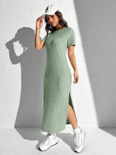 Kadın Kısa Kollu Bisiklet Yaka Yırtmaç Detay Fitilli Kaşkorse Tam Boy Elbise - Resim 5