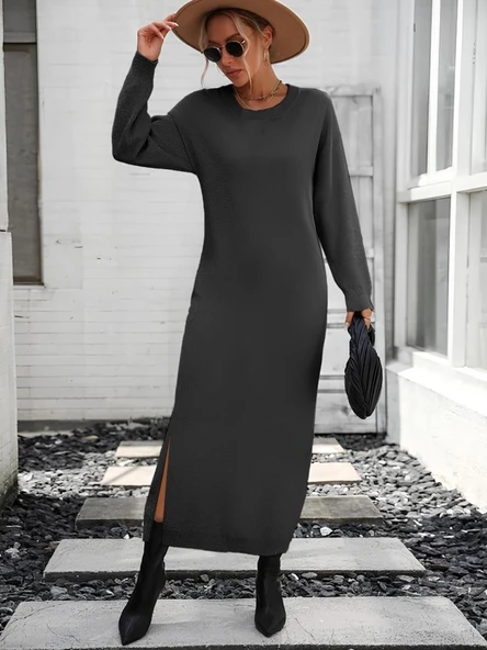 Kadın Uzun Kollu Bisiklet Yaka Yırtmaç Detay Triko Midi Boy Elbise - Resim 3