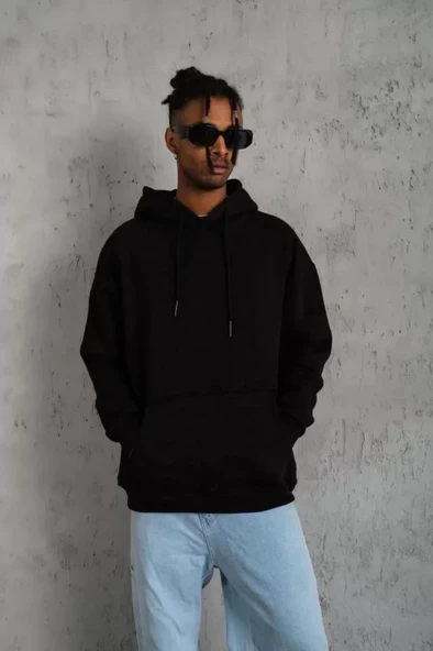 Erkek Düz Kapüşonlu Sweat - Siyah ürün görseli