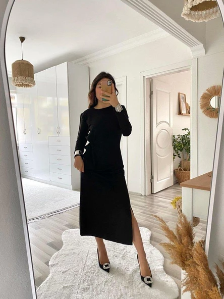 Kadın Uzun Kollu Bisiklet Yaka Belden çapraz Bağlamalı Yandan Yırtmaçlı Uzun Viskon Iki Iplik Elbise - Resim 7