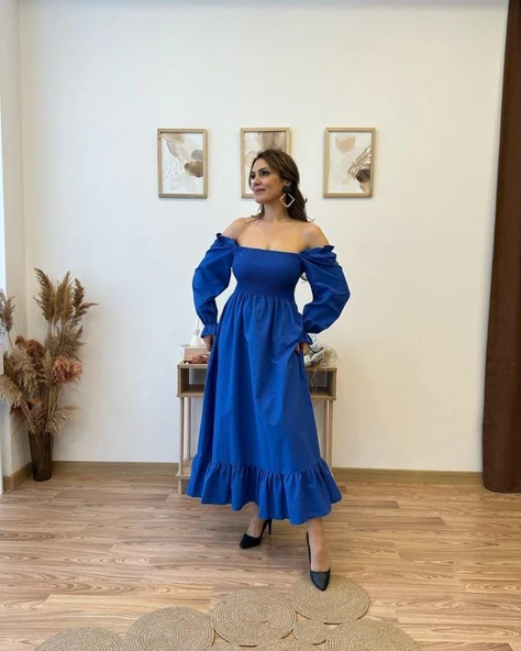 Kadın Uzun Kollu Kare Yakalı Gipeli Uzun Trikoton Elbise - Resim 9