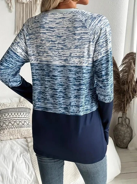 Kadın Uzun Kollu Yuvarlak Yaka Baskılı Düğme Detay Süprem Bluz - Resim 6