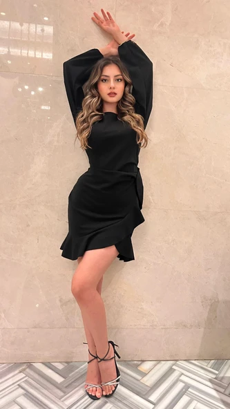 Kadın Uzun Kollu Bisiklet Yaka önden Volanlı Ithal Krep Elbise - Resim 6