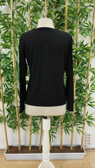 Kadın Uzun Kollu Bisiklet Yaka Gülümseyen Surat Desenli Viskon Bluz - Resim 5