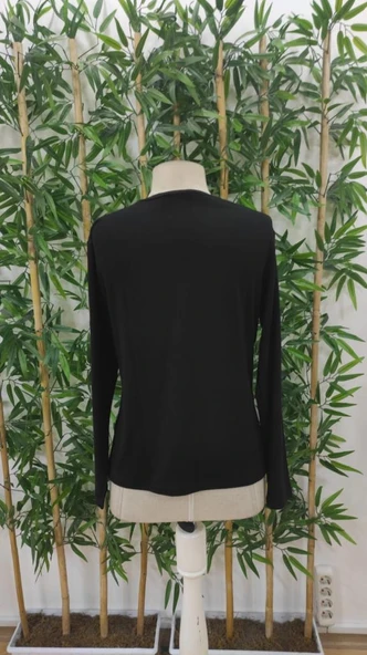 Kadın Uzun Kollu Bisiklet Yaka Gülen Yüz Desenli Viskon Bluz - Resim 6