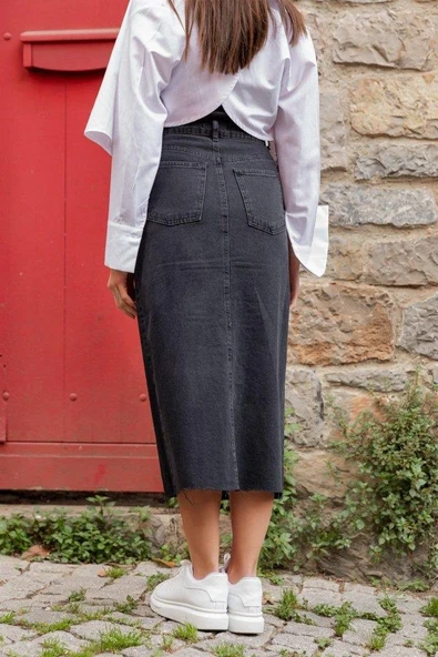 Kadın Yüksek Bel önden Yırtmaçlı Cepli Midi Kot Etek - 8