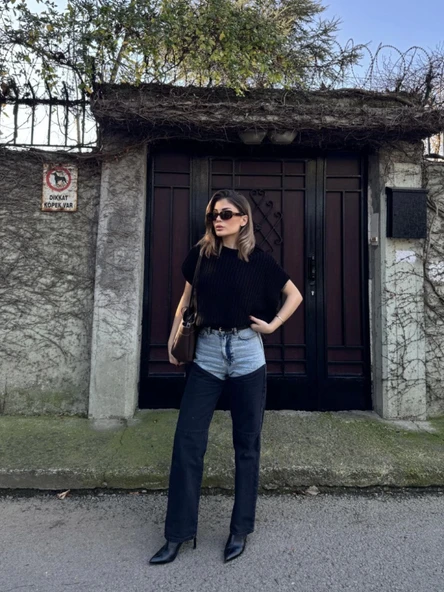 Jeans Kot Parçalı Palazzo Pantolon - Siyah - Resim 3