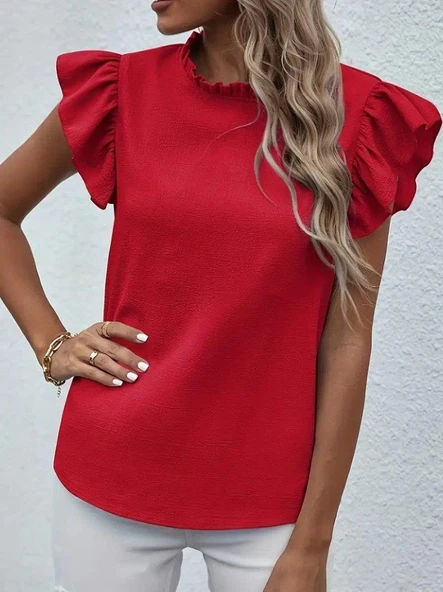 Kadın Kısa Kollu Fırfır Yakalı Bürümcük Bluz - Resim 4