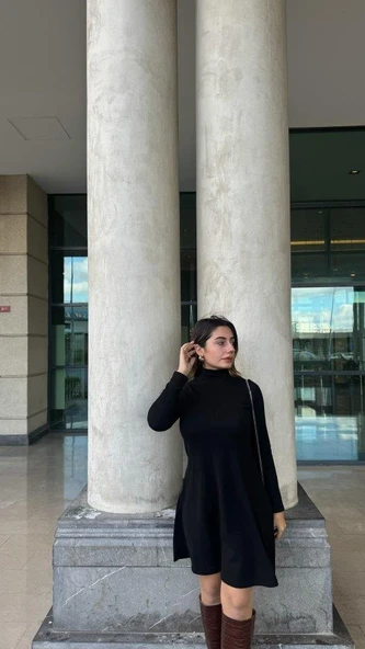 Kadın Uzun Kollu Balıkçı Yaka Salaş Kusa Akrilik Elbise - Resim 7