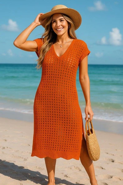 Kadın Sıfır Kol V Yaka Yanı Derin Yırtmaçlı Midi Boy Triko Elbise - Resim 6