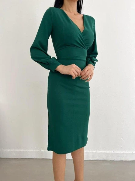 Kadın Kruvaze Yaka Balon Kol Midi Boy Elbise - Resim 2