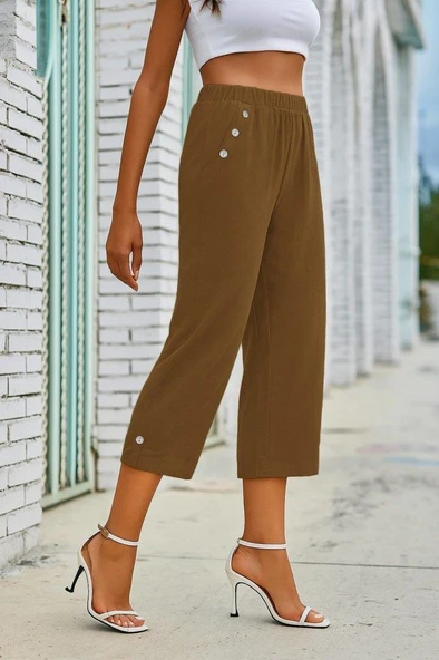 Kadın Beli Lastikli Düğme Ve Cep Detaylı Kapri Ithal Keten Pantolon - 3