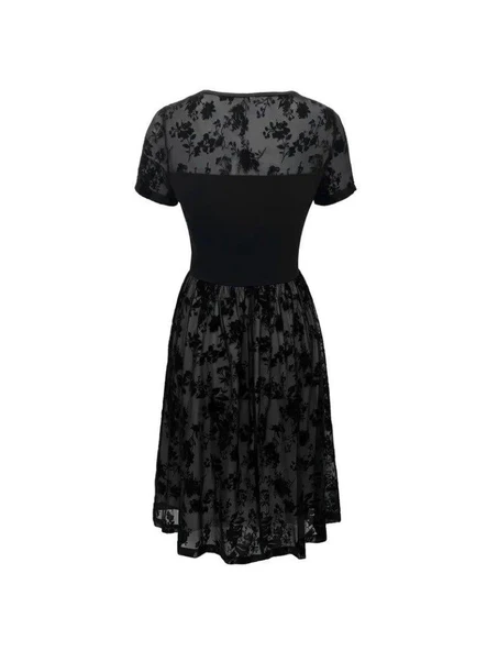 Kadın Kısa Kollu Bisiklet Yaka Tül Flok Baskı Detaylı Elbise - Resim 5