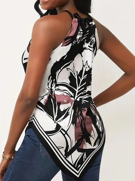 Kadın üçgen Kesim Boyundan Bağlamalı çiçek Desen Süprem Bluz - Resim 3