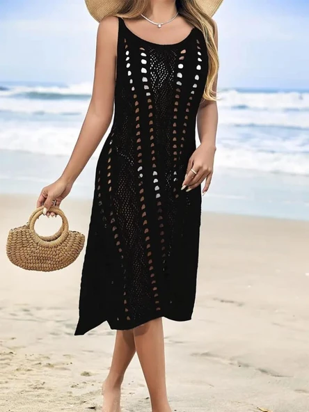 Kadın Kolsuz Askılı Yan Yırtmaç Detay Triko Midi Boy Elbise - Resim 4