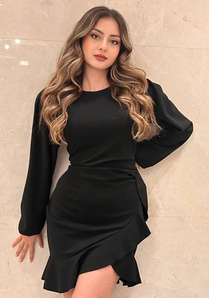 Kadın Uzun Kollu Bisiklet Yaka önden Volanlı Ithal Krep Elbise - Resim 2