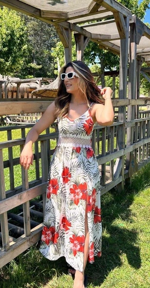 Kadın Ip Askılı V Yakalı Bel Güpür çiçek Desenli Yandan Yırtmaçlı Maksi Süprem Elbise ürün görseli