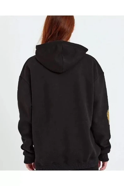 Baskılı Kapüşonlu Sweatshirt - Siyah - Resim 3