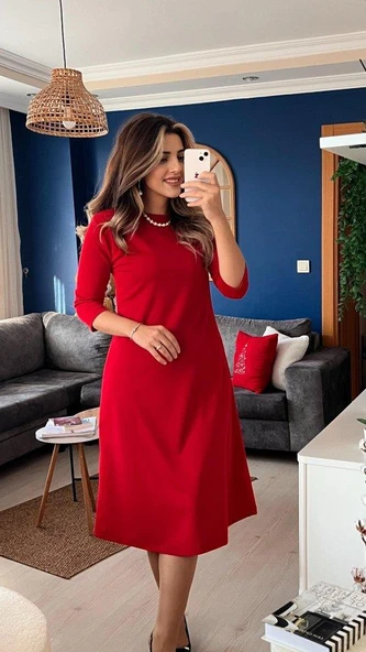 Kadın Uzun Kollu Bisiklet Yaka Midi Ithal Krep Elbise ürün görseli