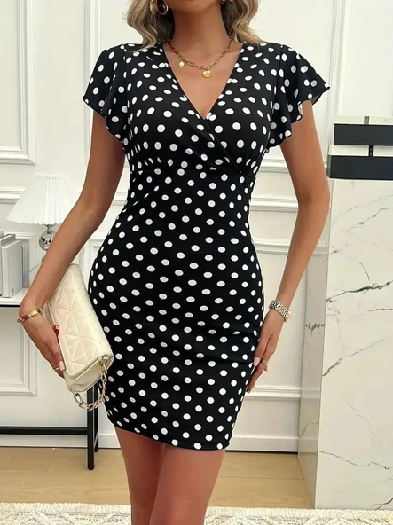 Kadın Kısa Kollu Kruvaze Yakalı örme Puantiyeli Krep Elbise ürün görseli