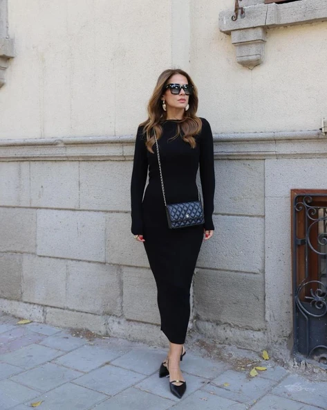 Kadın Uzun Kollu Yuvarlak Yaka Akrilik Elbise - Resim 6