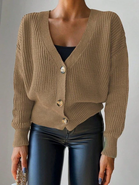 Kadın Uzun Kollu Düğme Detay Triko Bluz - Resim 4