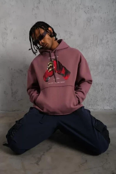 Erkek Eldiven Baskılı Kapüşonlu Sweat - Gül Kurusu - Resim 3