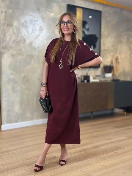 Kadın Kısa Kollu Bisiklet Yaka Omuzdan Düğmeli Uzun Viskon Iki Iplik Elbise - Resim 6