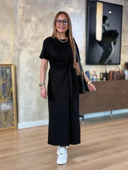 Kadın Kısa Kollu Bisiklet Yaka Yandan Bağlamalı Viskon Iki Iplik Elbise - Resim 4