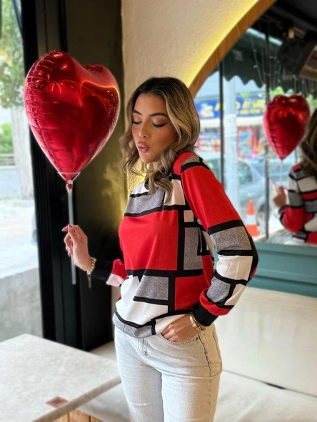 Kadın Uzun Kollu Bisiklet Yaka Renkli Blok Baskı Dalgıç Bluz - Resim 3