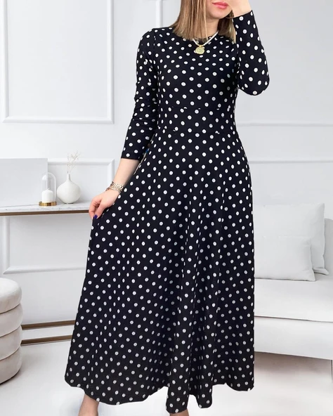 Kadın Krep Kumaş Uzun Kollu Tam Boy Puantiyeli Elbise 132 Cm - Resim 2