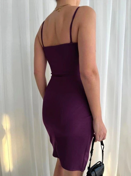 Kadın İp Askılı Yırtmaçlı Büzgülü Elbise - Resim 3