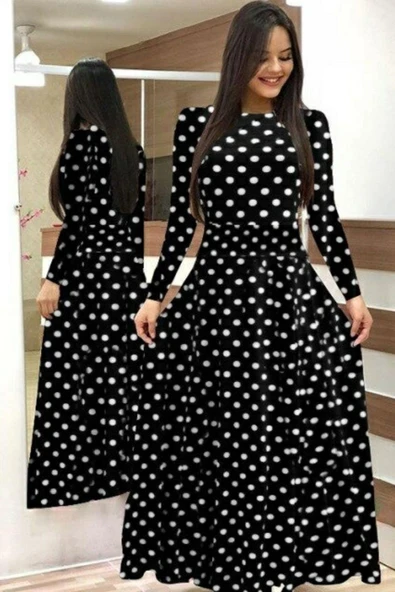 Kadın Krep Kumaş Uzun Kollu Tam Boy Puantiyeli Elbise 132 Cm - Resim 12