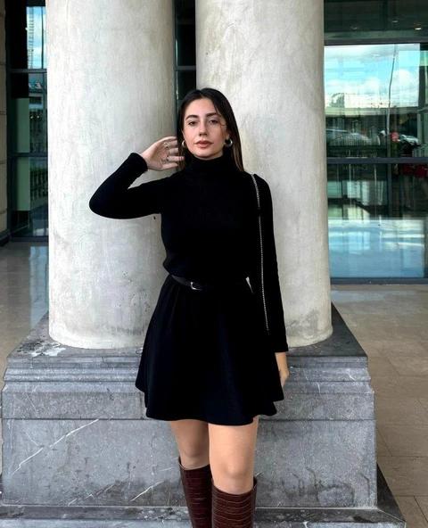 Kadın Uzun Kollu Balıkçı Yaka Salaş Kusa Akrilik Elbise ürün görseli