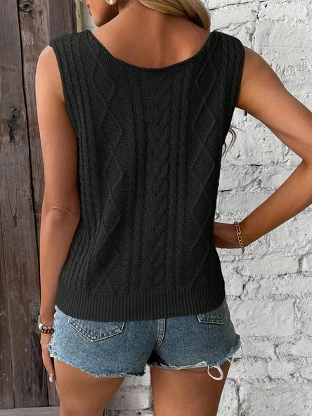 Kadın Askılı V Yaka örme Detay Triko Bluz - Resim 2