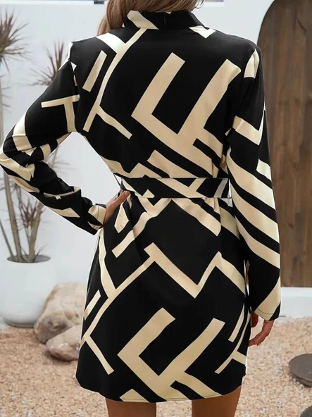 Kadın Uzun Kollu V Yakalı Desenli Belinde Kuşaklı Dalgıç Elbise - Resim 4