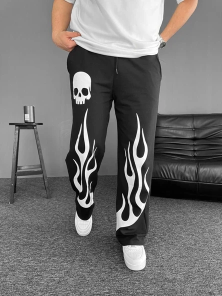 İki İplik Baskılı Kumaş Baggy Alt Esofman - Siyah ürün görseli