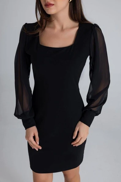 Kadın Kare Yaka Kolları Tül Sandy Kumaş Fırsat ürün Mini Siyah Elbise - Resim 2